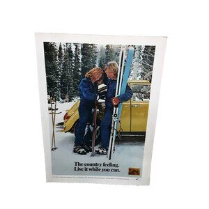 1973 Lee Rider Jeans Jacket Skiing Volkswagen Man Woman Original Print Ad 70s